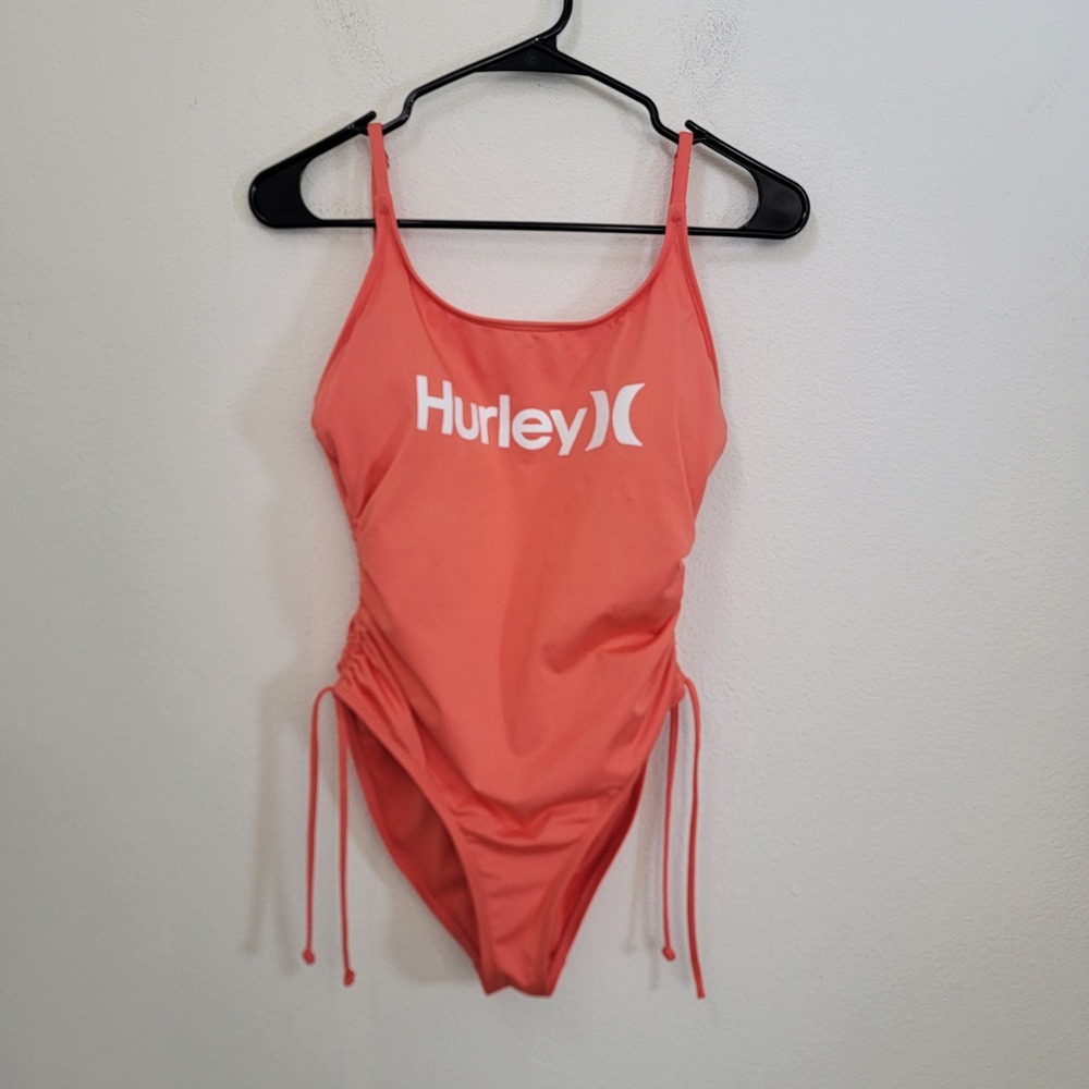 Hurley Orange One Piece Padded Cinched Tie Waist Hi Cut Swimsuit Womens Small